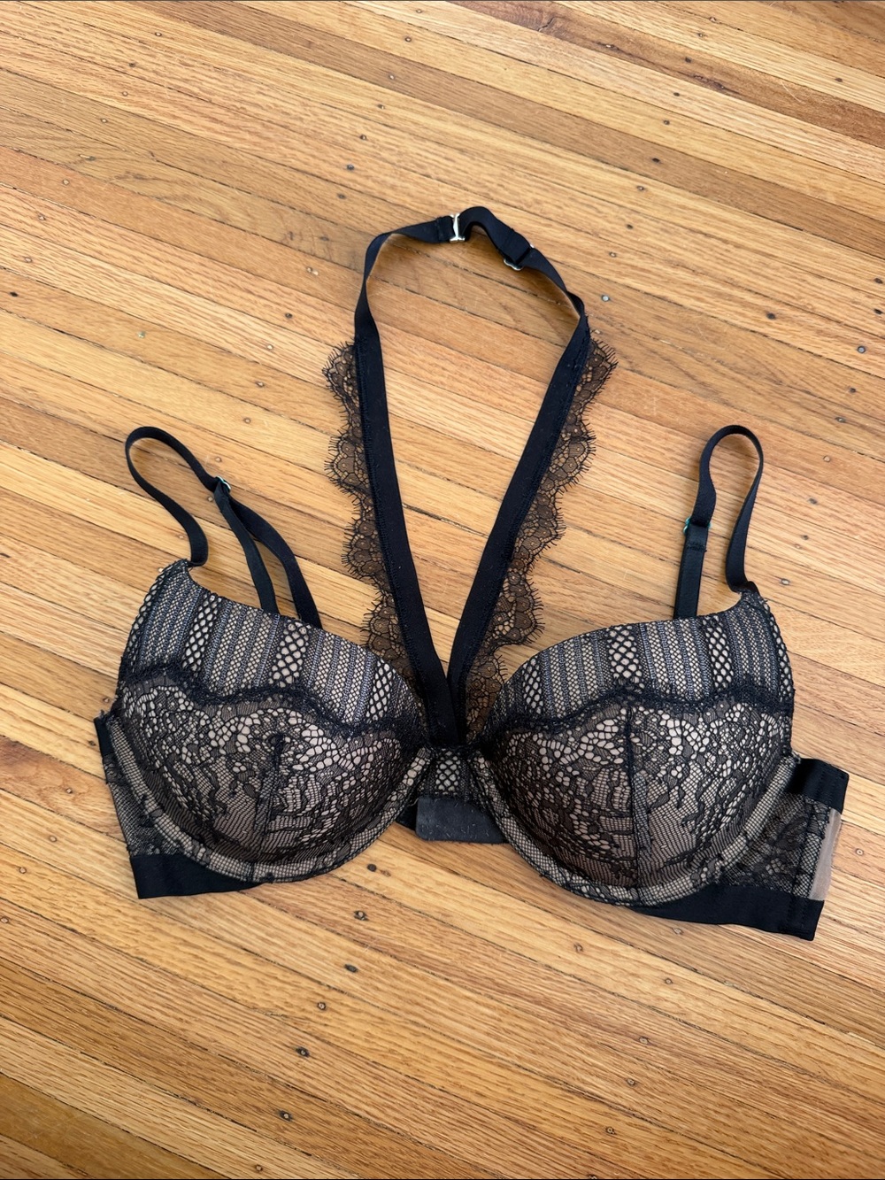 Victoria's Secret Black Lace Plunge Bra with Decorative Strap